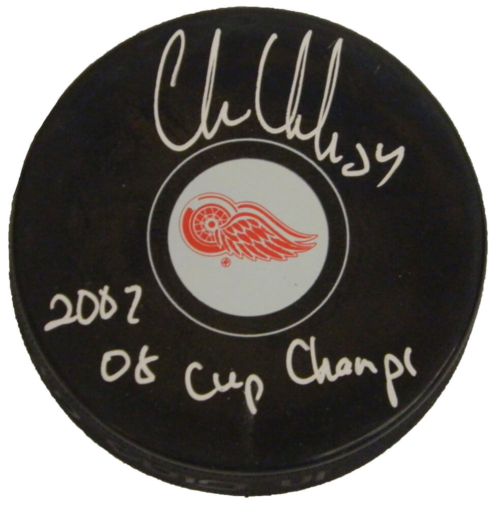 Chris Chelios Autographed Detroit Red Wings Logo Hockey Puck with 2002, 08 Cup Champs-Powers Sports Memorabilia