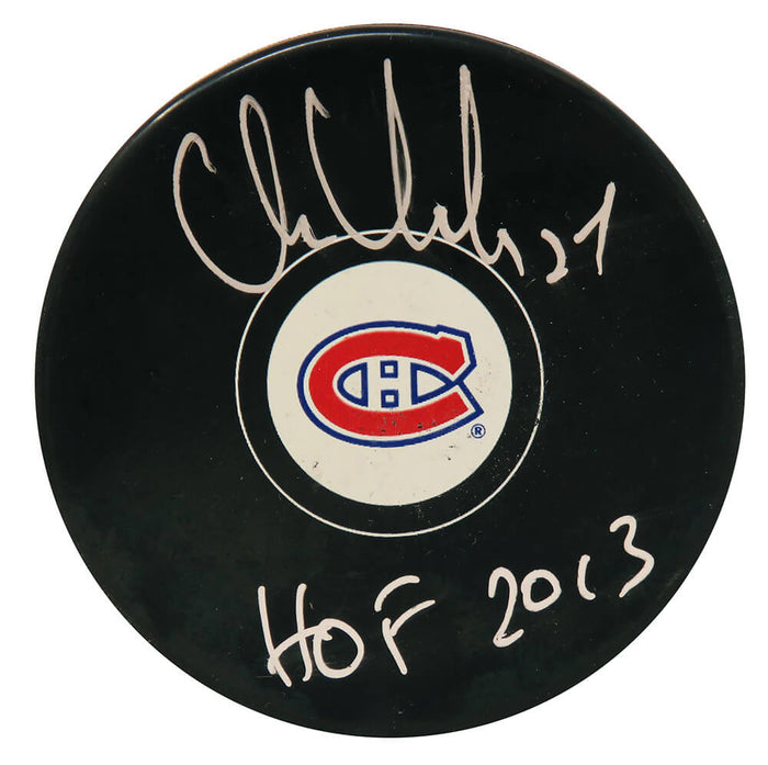 Chris Chelios Autographed Montreal Canadiens Logo Hockey Puck with HOF 2013-Powers Sports Memorabilia