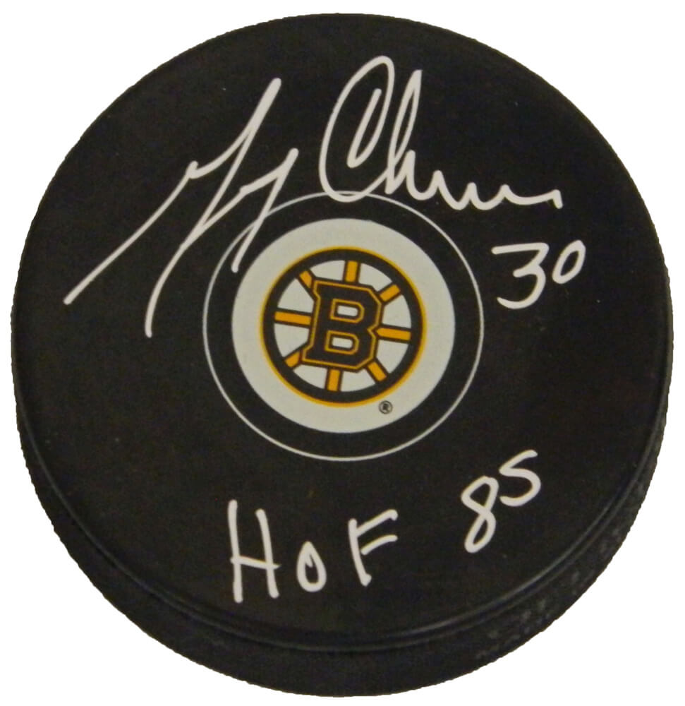 Gerry Cheevers Autographed Boston Bruins Logo Hockey Puck with HOF 85-Powers Sports Memorabilia