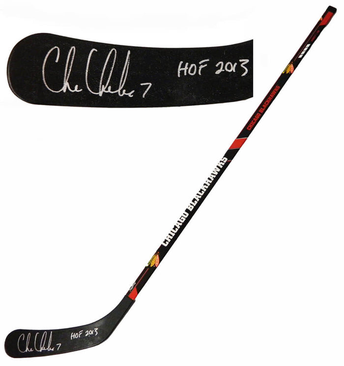 Chris Chelios Autographed Chicago Blackhawks Logo 48 Inch Full Size Hockey Stick with HOF 2013-Powers Sports Memorabilia