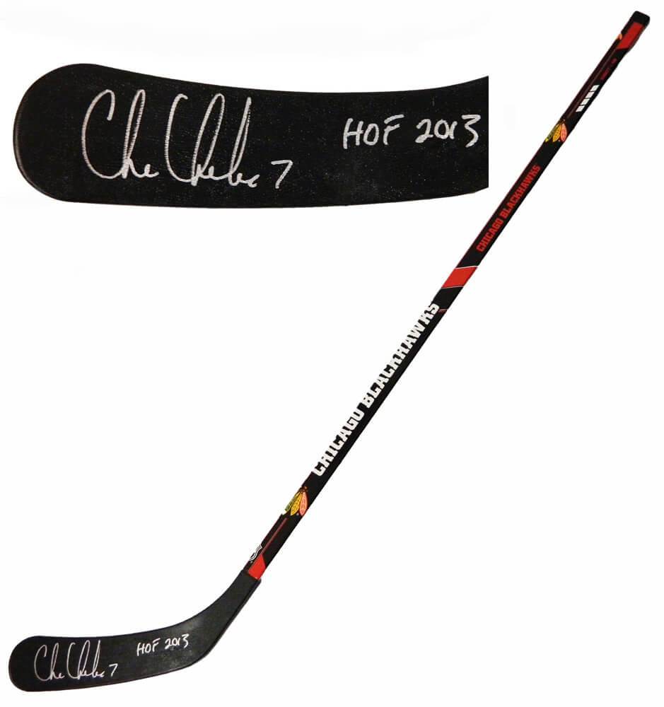 Chris Chelios Autographed Chicago Blackhawks Logo 48 Inch Full Size Hockey Stick with HOF 2013-Powers Sports Memorabilia