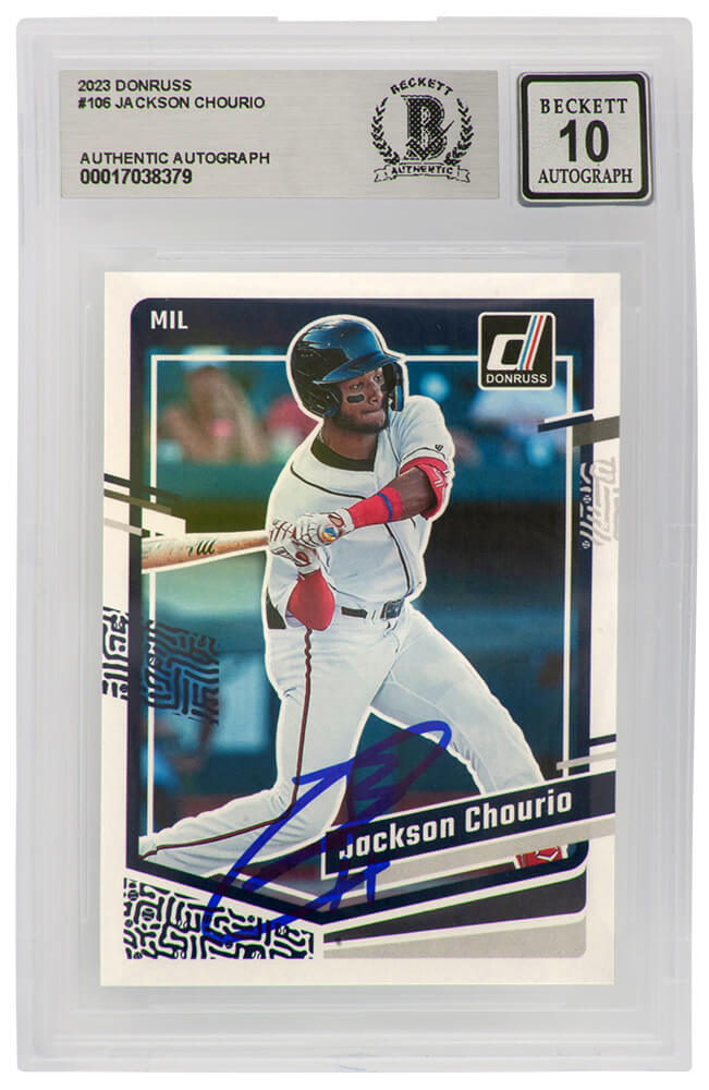 Jackson Chourio Autographed Brewers 2023 Donruss Rookie Baseball Card #106 - (Beckett / Auto Grade 10)-Powers Sports Memorabilia