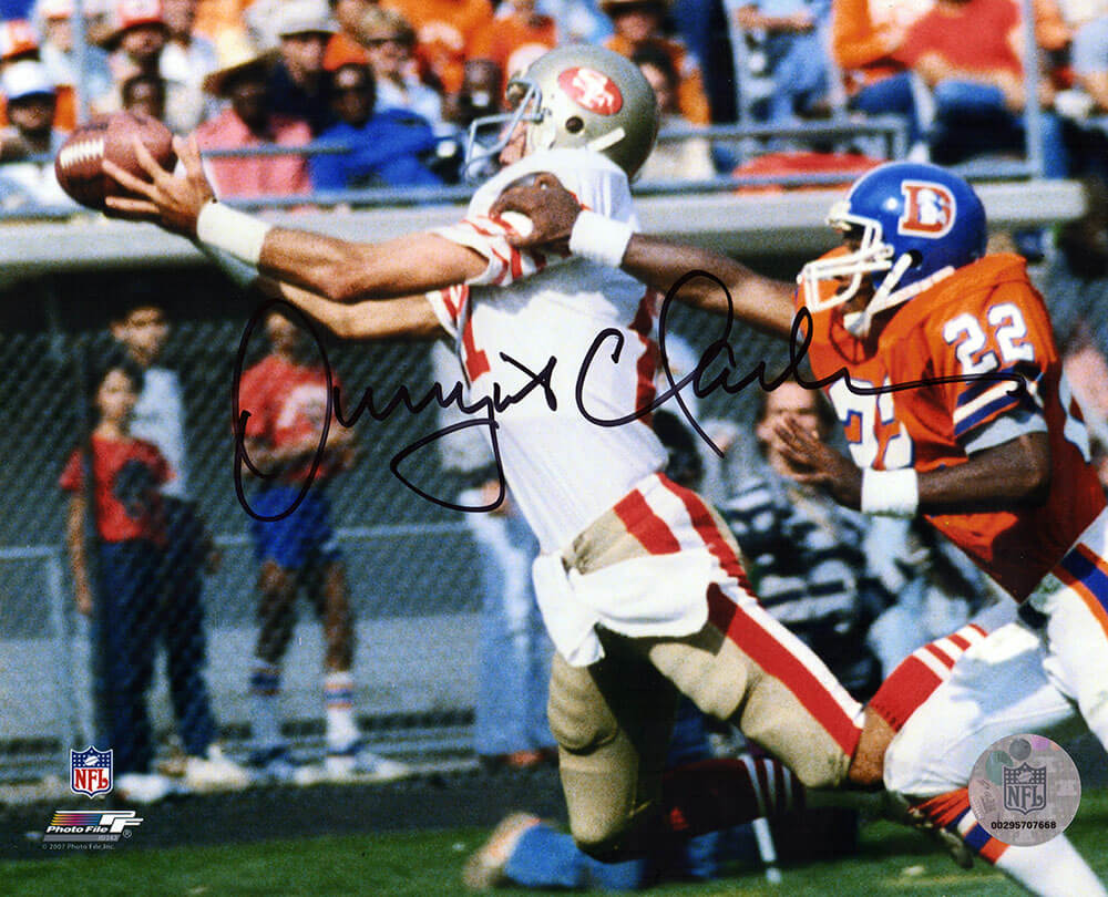 Dwight Clark Autographed San Francisco 49ers White Jersey Catching Football 8x10 Photo-Powers Sports Memorabilia