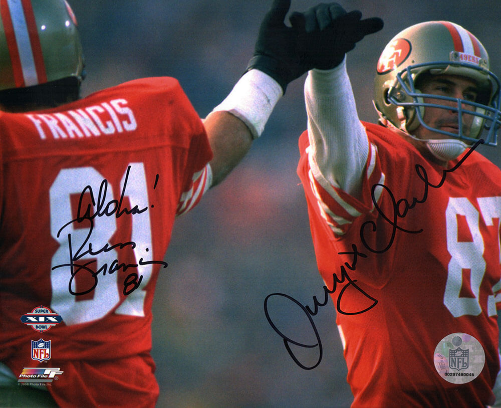 Dwight Clark & Russ Francis Autographed San Francisco 49ers High Five 8x10 Photo with Aloha-Powers Sports Memorabilia