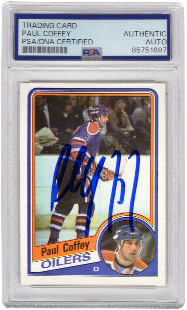 Paul Coffey Autographed Edmonton Oilers 1984 Topps Rookie Hockey Card #50 - (PSA Encapsulated)-Powers Sports Memorabilia
