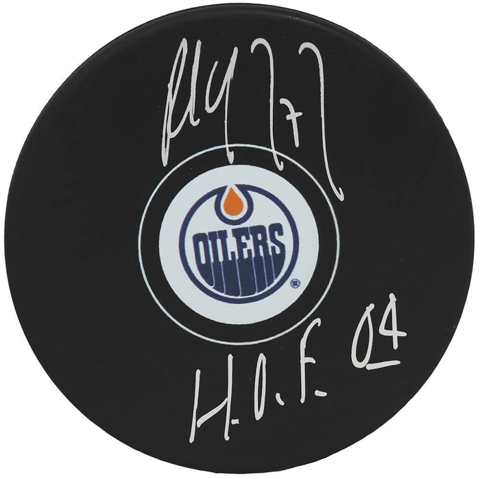 Paul Coffey Autographed Edmonton Oilers Logo Hockey Puck with HOF'04-Powers Sports Memorabilia