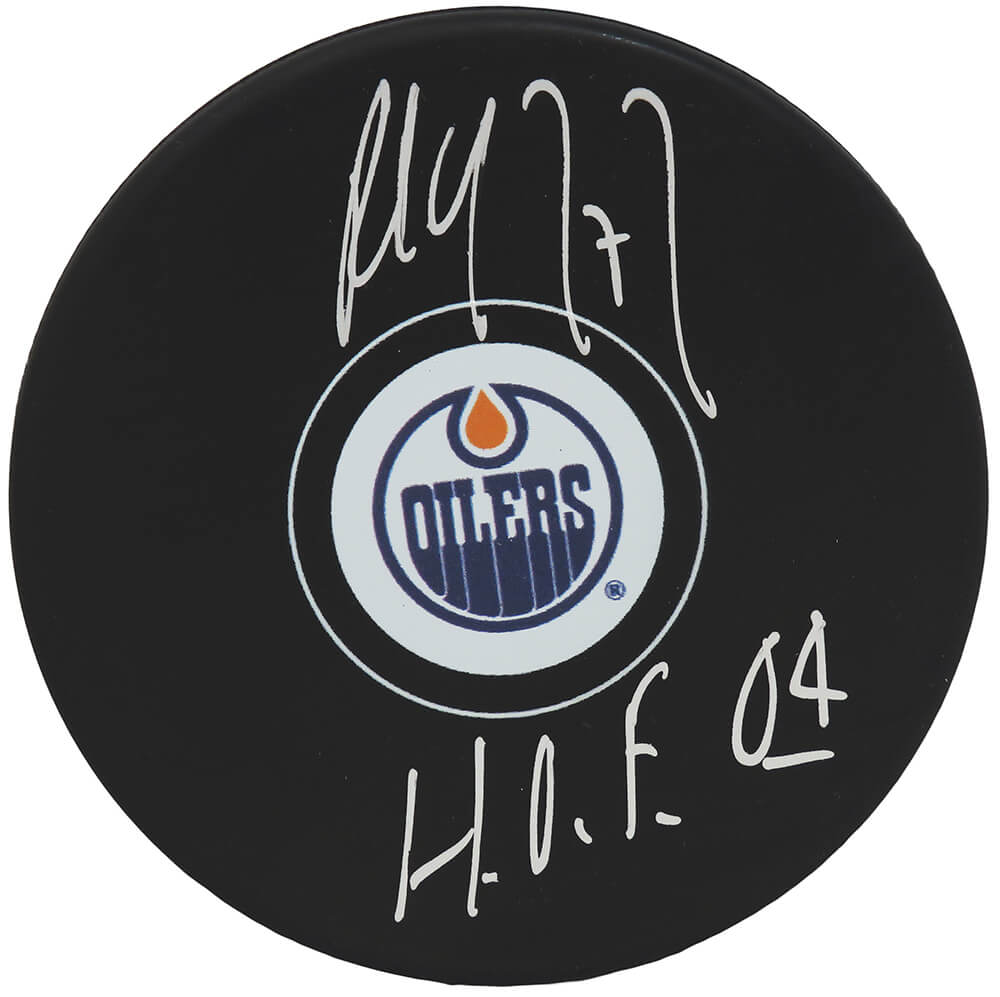 Paul Coffey Autographed Edmonton Oilers Logo Hockey Puck with HOF'04-Powers Sports Memorabilia