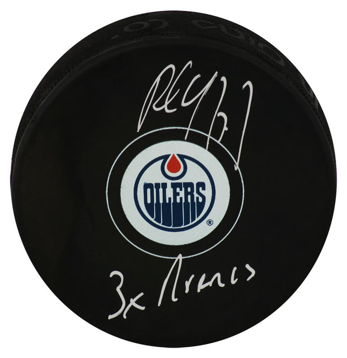 Paul Coffey Autographed Edmonton Oilers Logo Hockey Puck with 3x Norris-Powers Sports Memorabilia