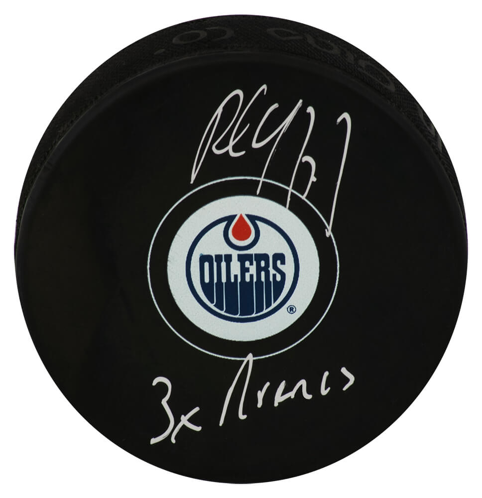 Paul Coffey Autographed Edmonton Oilers Logo Hockey Puck with 3x Norris-Powers Sports Memorabilia