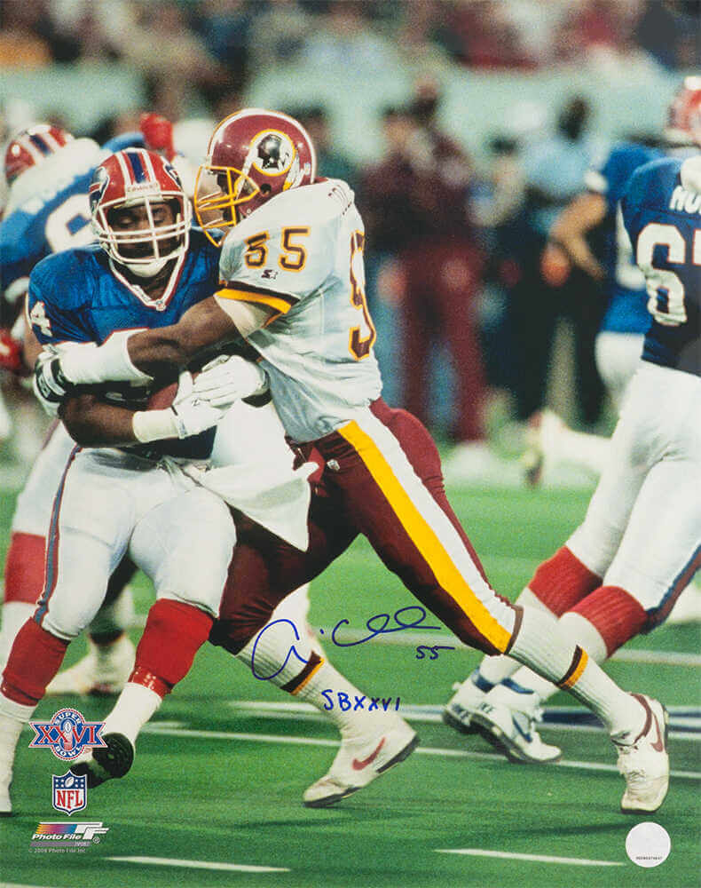Andre Collins Autographed Washington vs Bills Super Bowl XXVI Action 16x20 Photo with SB XXVI-Powers Sports Memorabilia