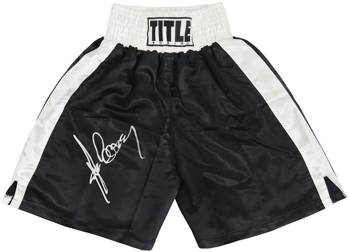 Gerry Cooney Autographed Title Black & White Trim Boxing Trunks-Powers Sports Memorabilia