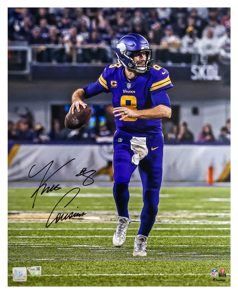 Kirk Cousins Autographed Minnesota Vikings Purple Jersey Scramble Action 16x20 Photo - (Fanatics)-Powers Sports Memorabilia