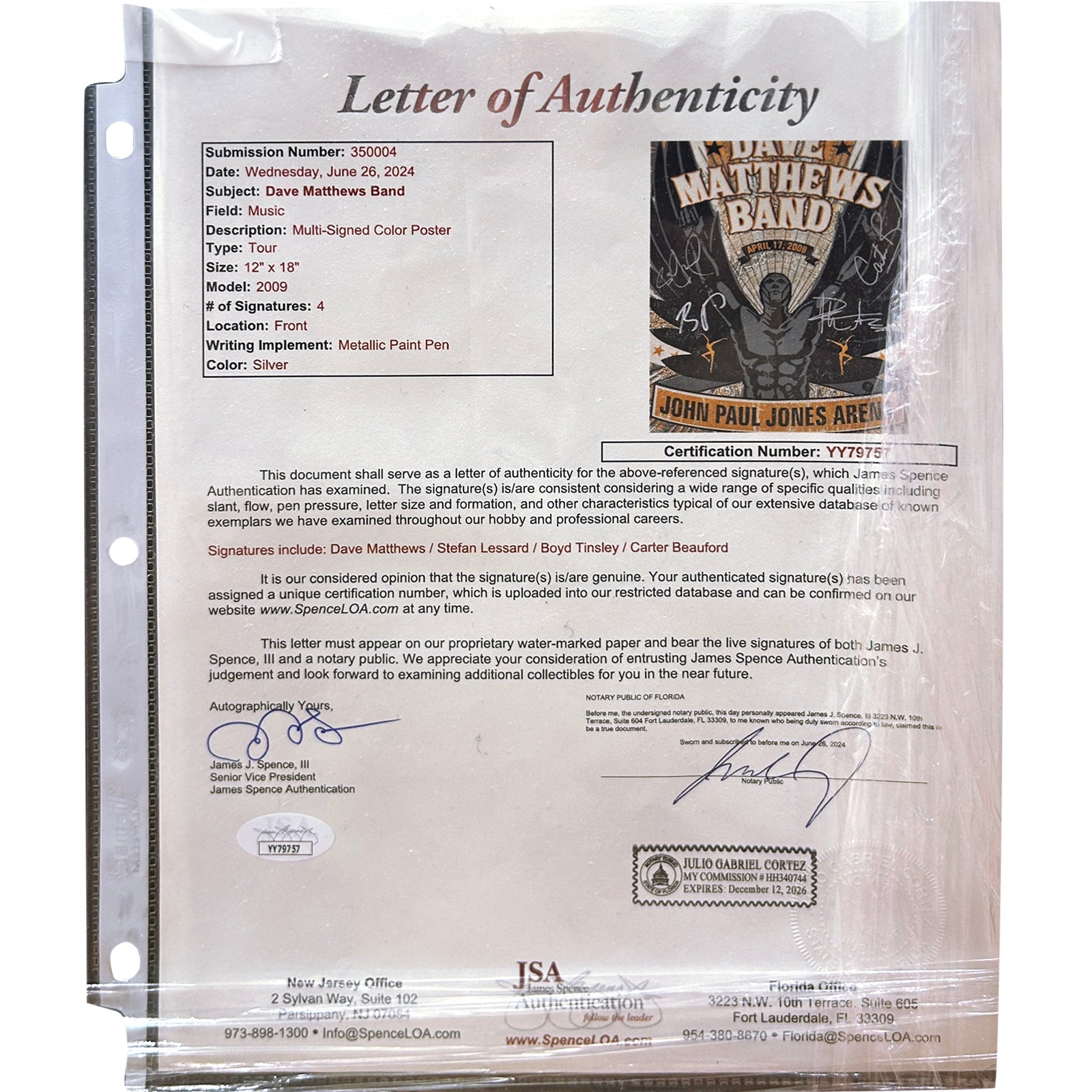 Autographed Dave Matthews Band Music Poster Deluxe Framed and signed by the Band - JSA Letter-Powers Sports Memorabilia