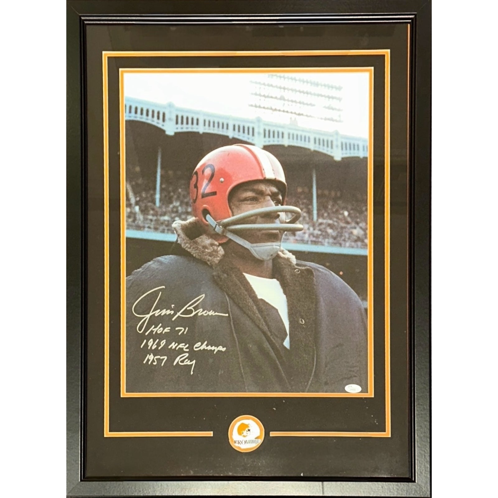 Autographed Jim Brown Cleveland Browns Deluxe Framed 16x20 Photo with Inscriptions - JSA-Powers Sports Memorabilia