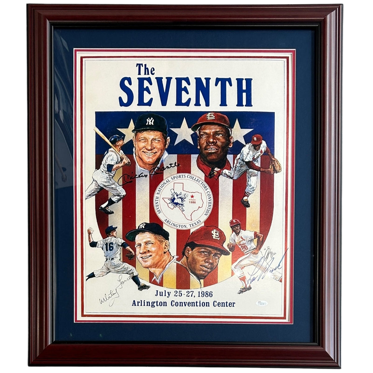 Autographed Mantle Ford Gibson And Brock Deluxe Framed Baseball 16x20 Lithograph - JSA-Powers Sports Memorabilia