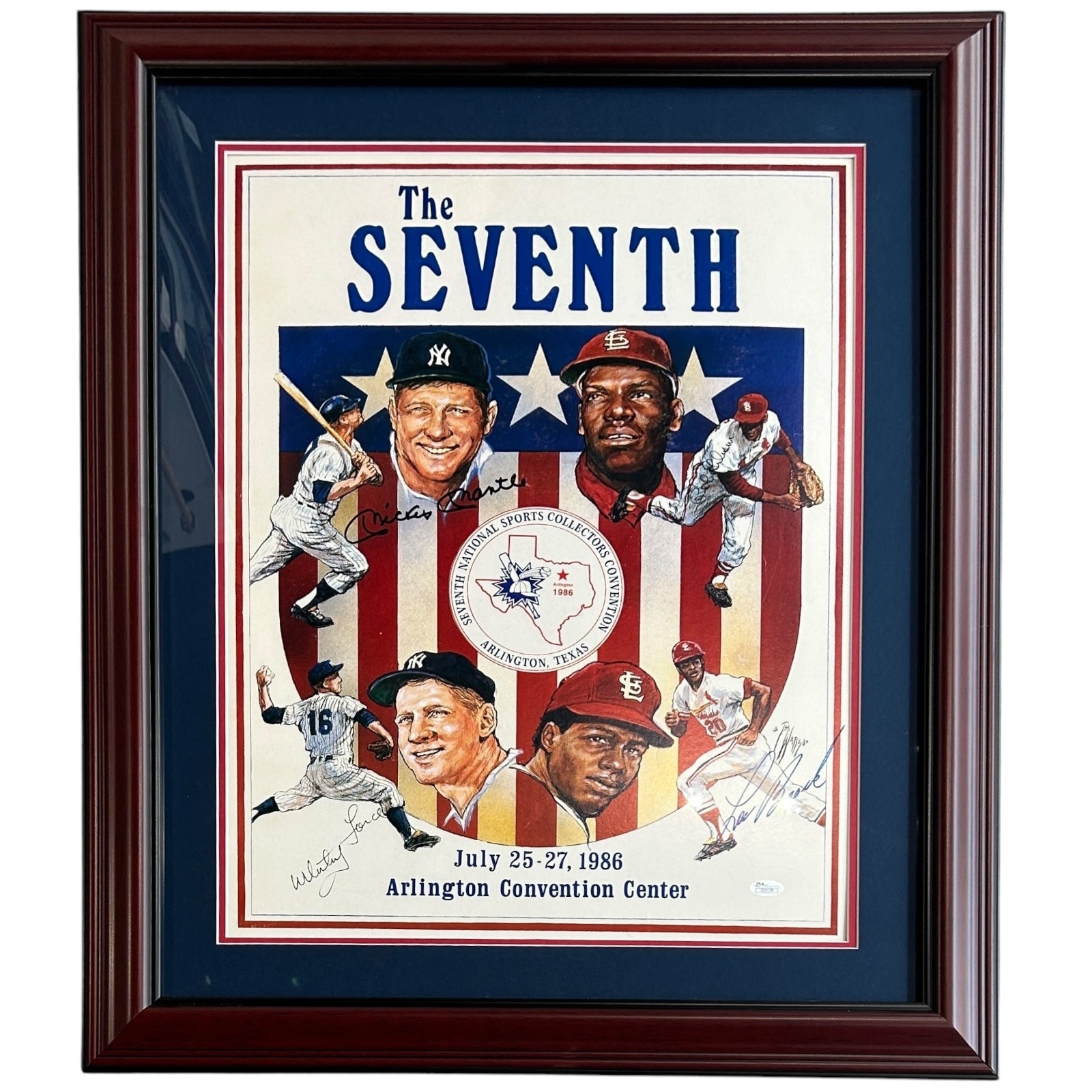 Autographed Mantle Ford Gibson And Brock Deluxe Framed Baseball 16x20 Lithograph - JSA-Powers Sports Memorabilia