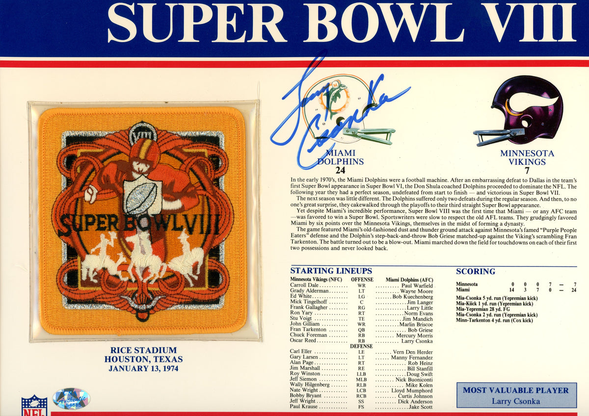 Larry Csonka Miami Dolphins Signed Mini Helmet - SB VIII Patch Stat Beckett Beckett - 54944-Powers Sports Memorabilia