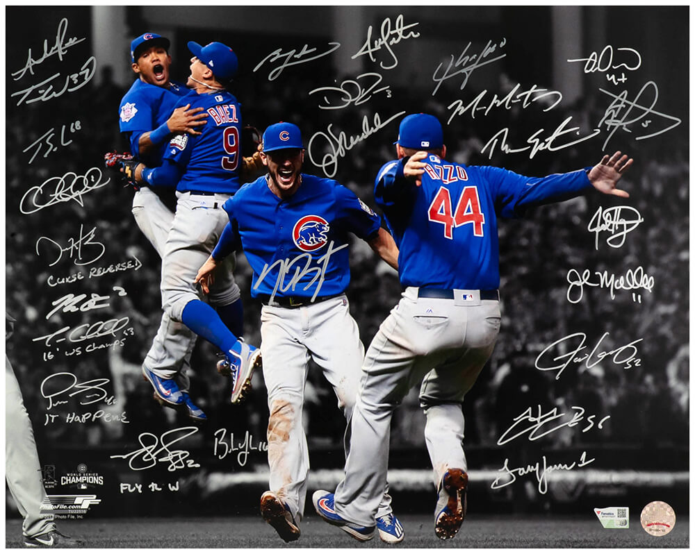 2016 Chicago Cubs Team Autographed Cubs 2016 World Series Infielders Celebration Spotlight 16x20 Photo (25 Sigs)-Powers Sports Memorabilia