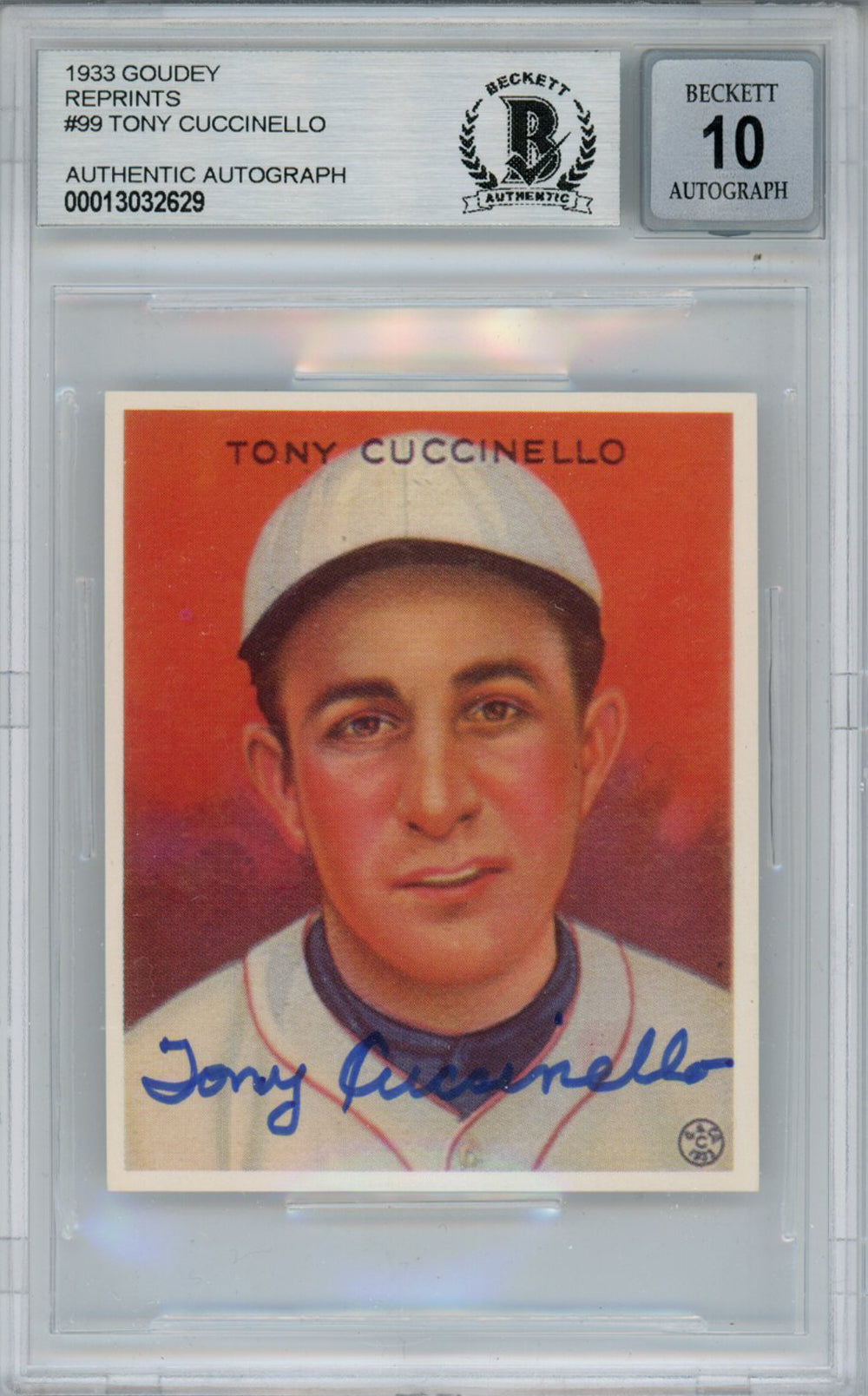 Tony Cuccinello Brooklyn Dodgers Signed Card - 1933 Goudey Reprint #99 Beckett 10 Slab Beckett-Powers Sports Memorabilia