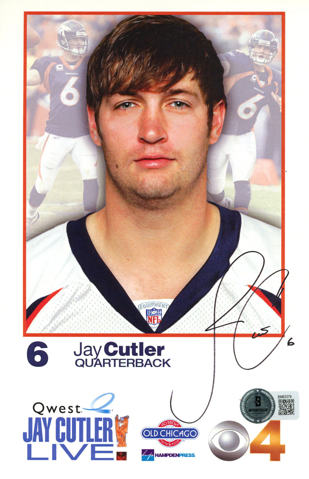 Jay Cutler Denver Broncos Signed Mini Helmet - 8.5x6.5 Quest Ad Beckett Beckett-Powers Sports Memorabilia