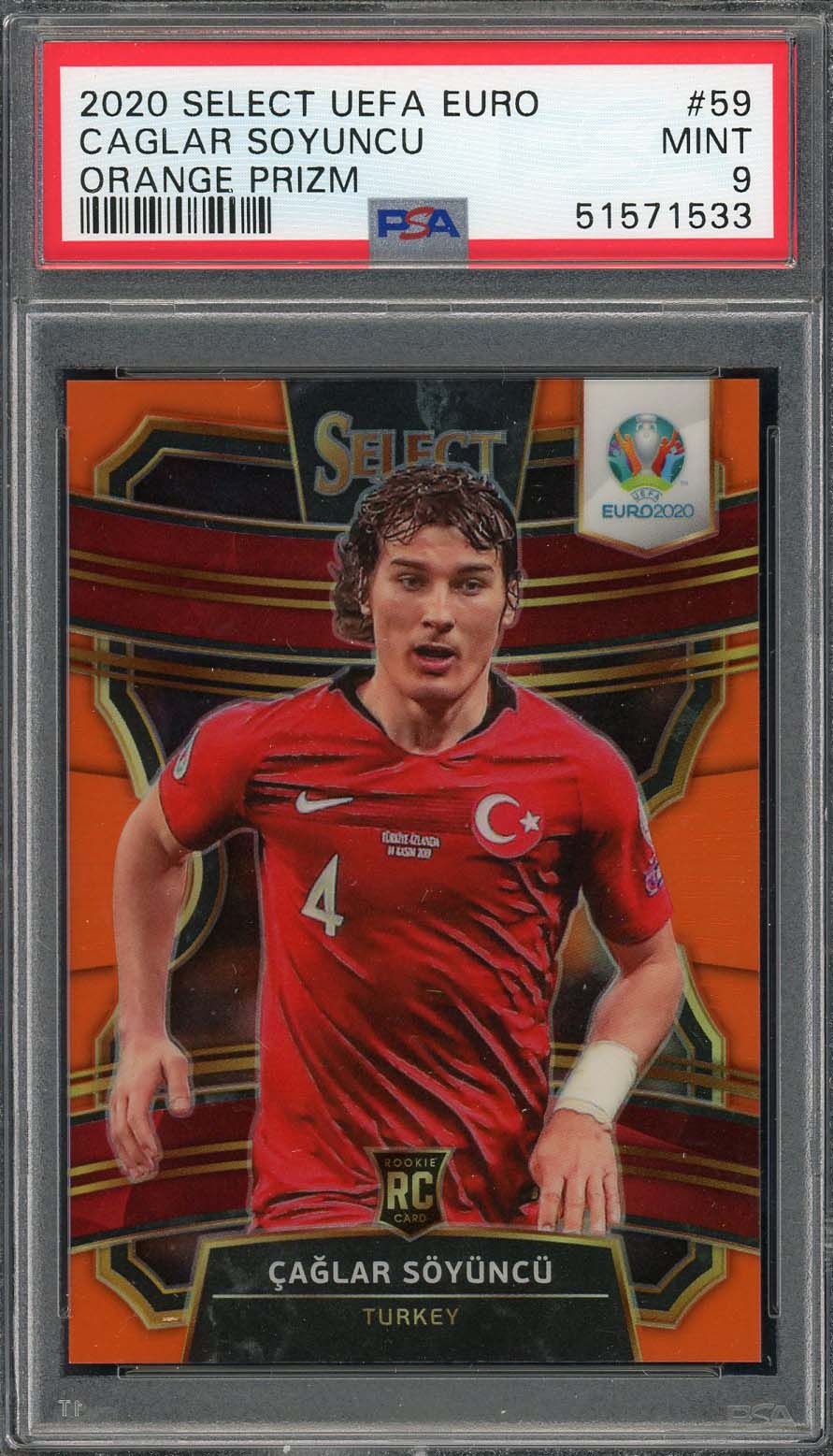 Caglar Soyuncu 2020 Select UEFA Euro Orange Prizm Card #59 PSA 9 /125-Powers Sports Memorabilia