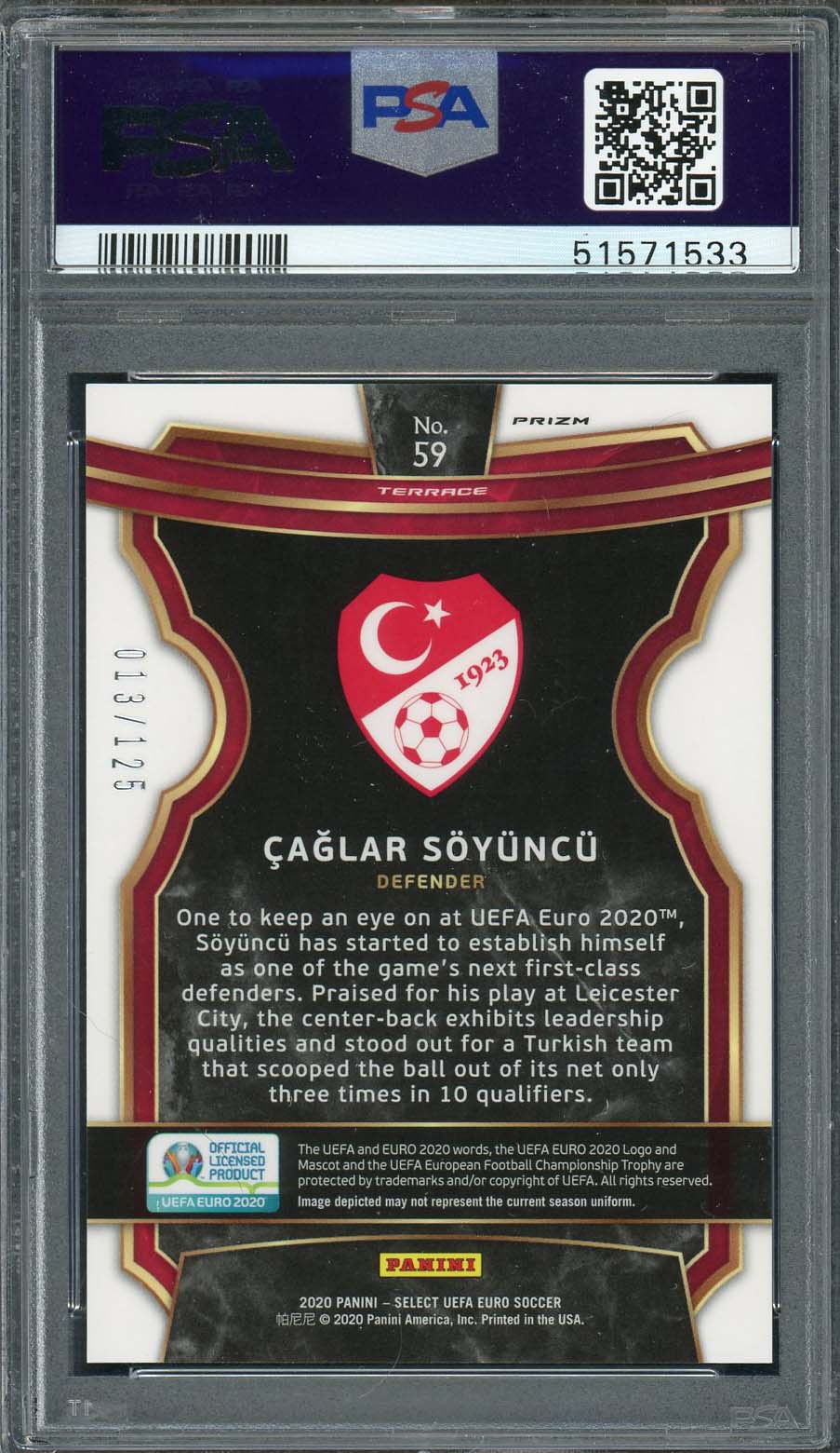 Caglar Soyuncu 2020 Select UEFA Euro Orange Prizm Card #59 PSA 9 /125-Powers Sports Memorabilia