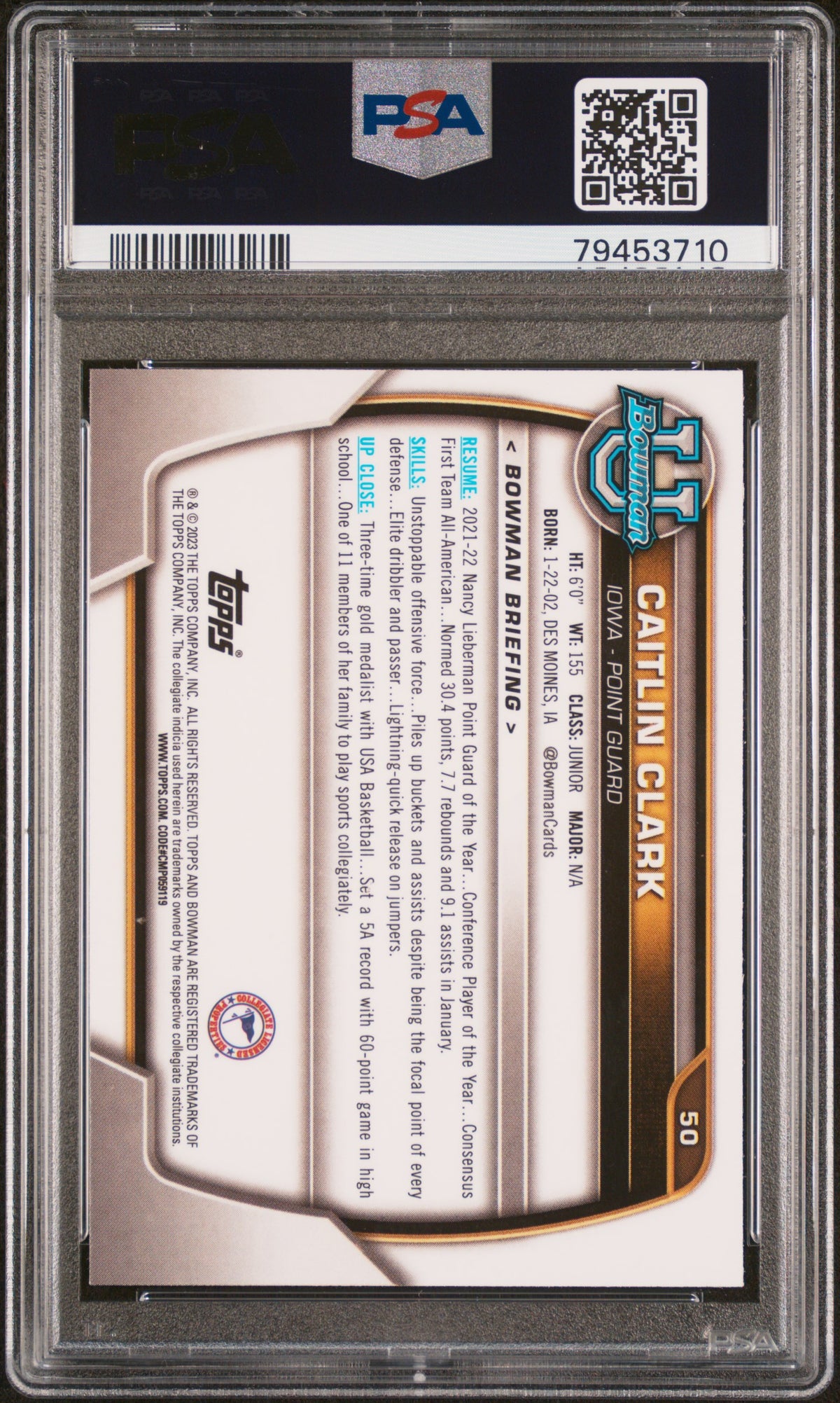 Caitlin Clark 2022 Bowman University Basketball Rookie Card #50 Graded PSA 10-Powers Sports Memorabilia