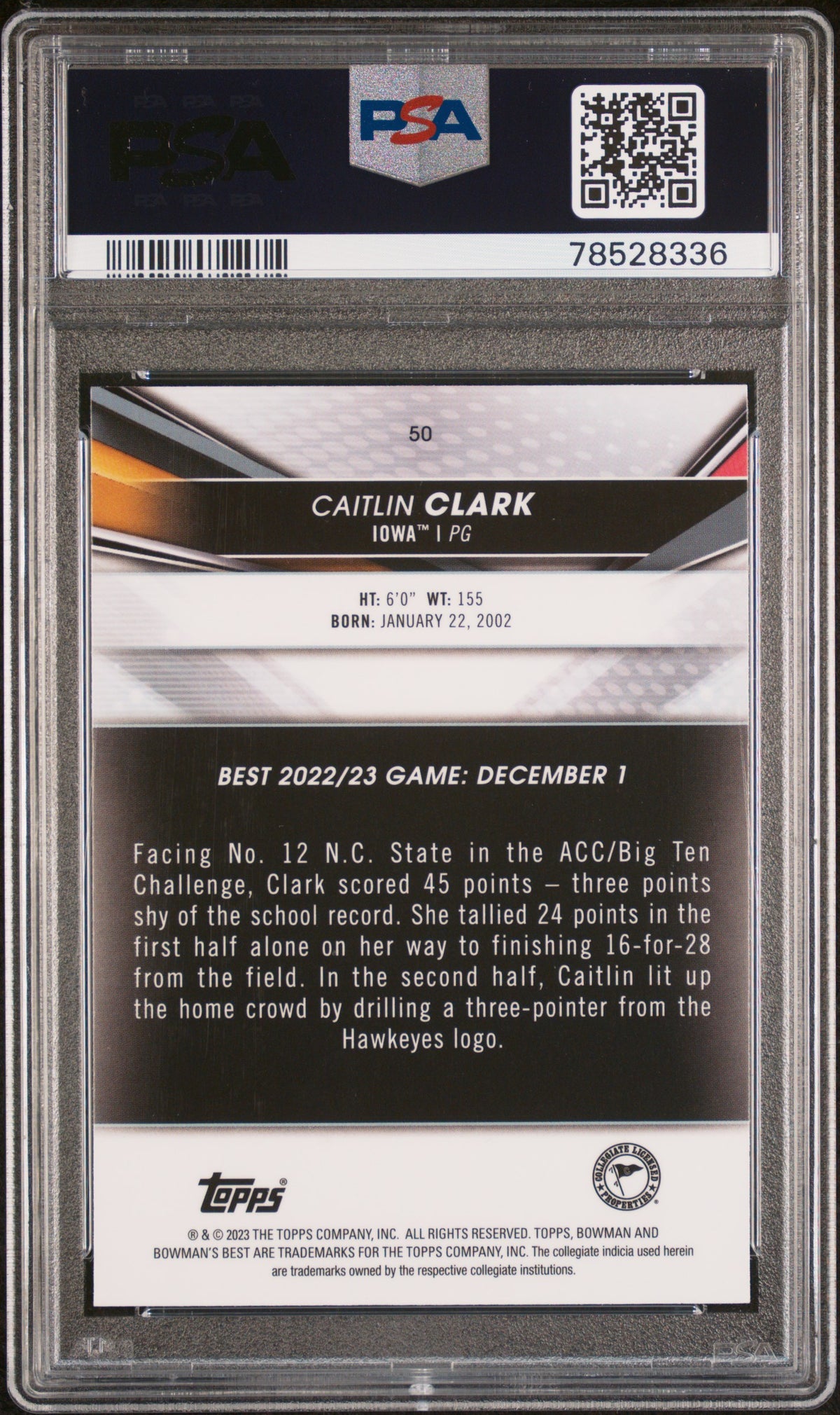 Caitlin Clark 2022 Bowman University Best Rookie Card #50 Graded PSA 10-Powers Sports Memorabilia