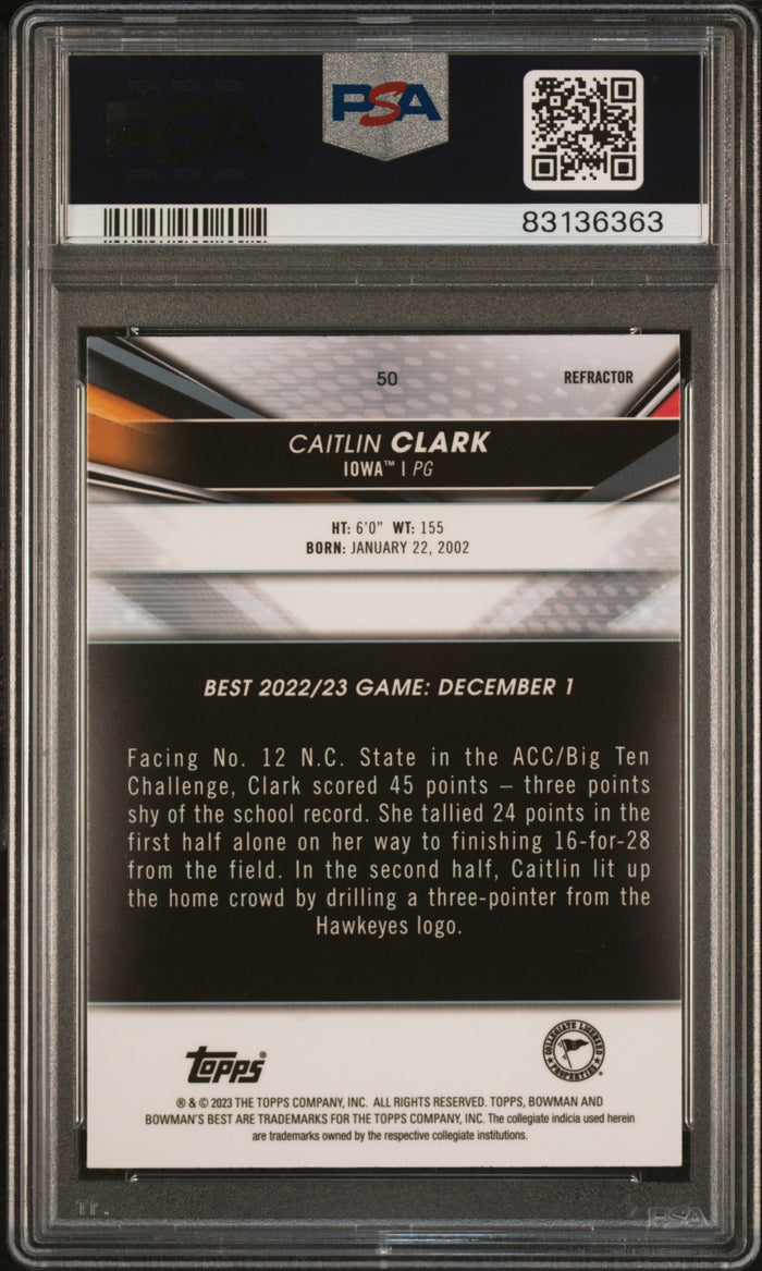 Caitlin Clark 2022 Bowman University Best Refractor Rookie Card #50 PSA 10-Powers Sports Memorabilia