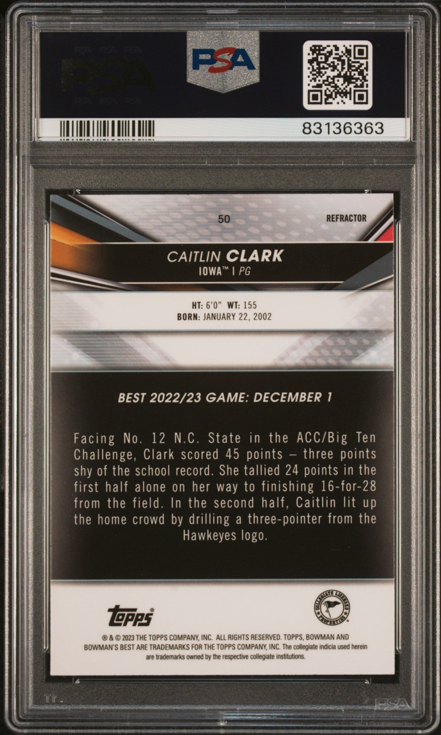 Caitlin Clark 2022 Bowman University Best Refractor Rookie Card #50 PSA 10-Powers Sports Memorabilia