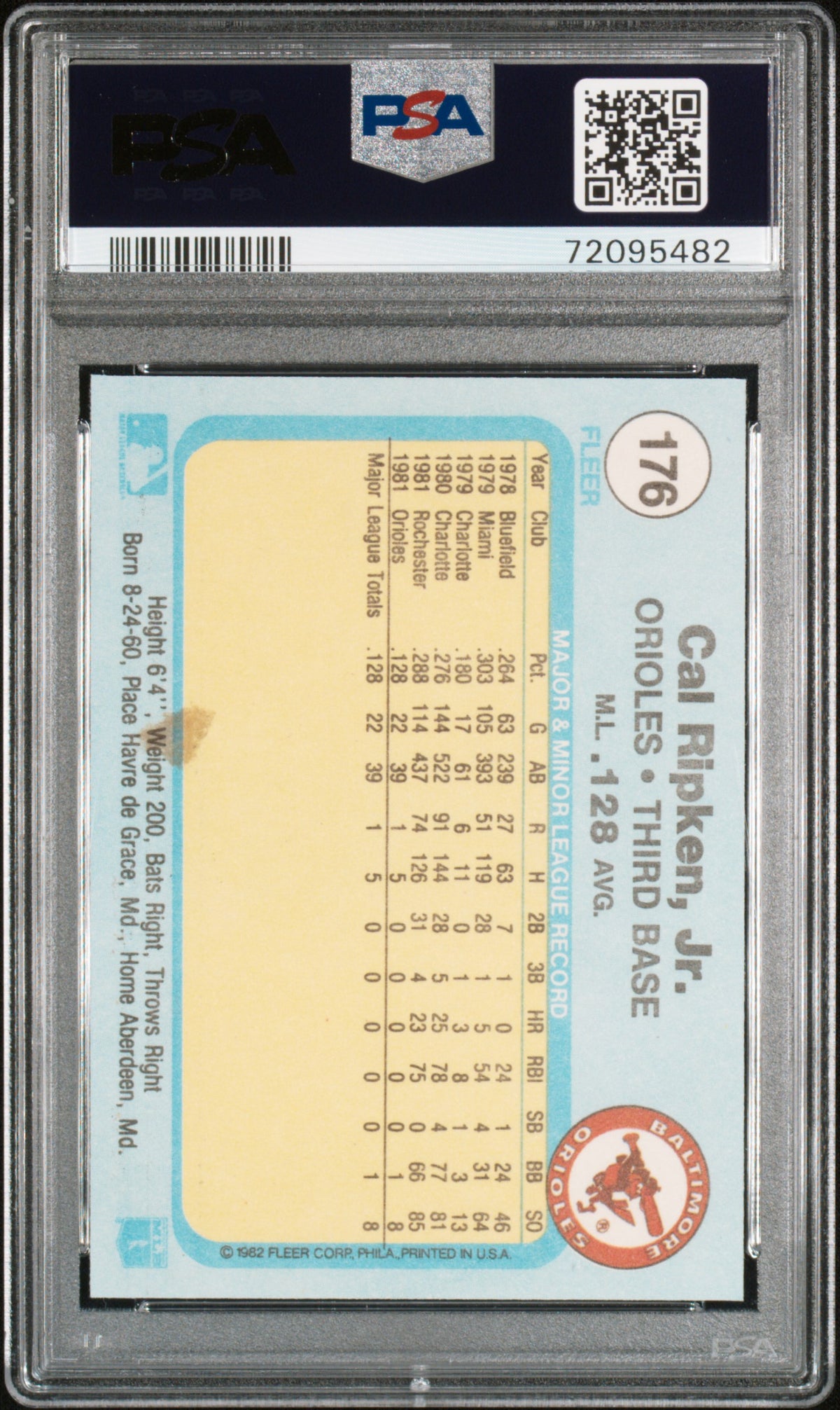 Cal Ripken Jr 1982 Fleer Baseball Rookie Card #176 Graded PSA 7-Powers Sports Memorabilia