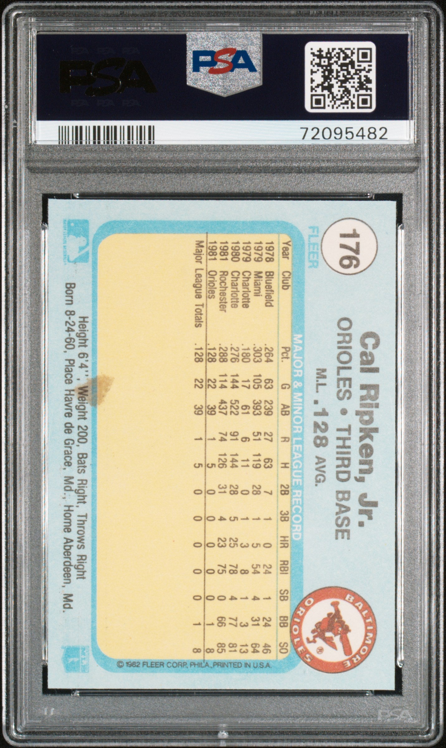 Cal Ripken Jr 1982 Fleer Baseball Rookie Card #176 Graded PSA 7-Powers Sports Memorabilia