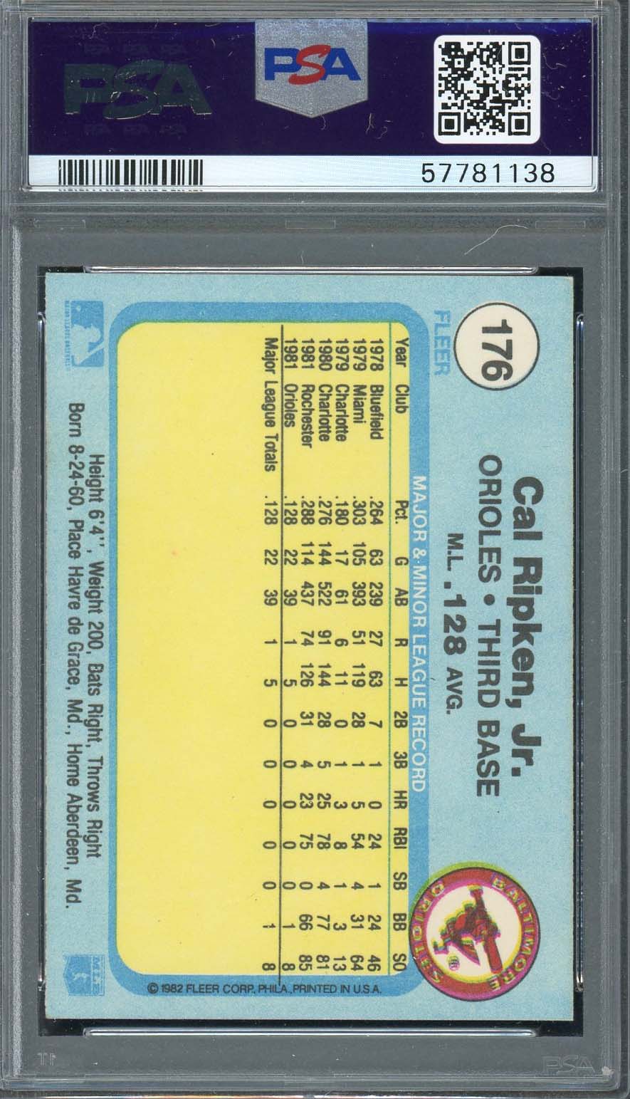 Cal Ripken Jr 1982 Fleer Baseball Rookie Card #176 Graded PSA 8-Powers Sports Memorabilia