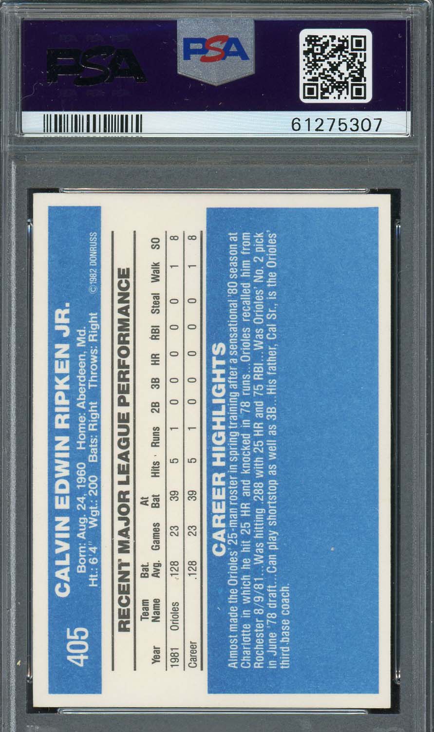 Cal Ripken Jr 1982 Donruss Baseball Rookie Card RC #405 Graded PSA 8-Powers Sports Memorabilia