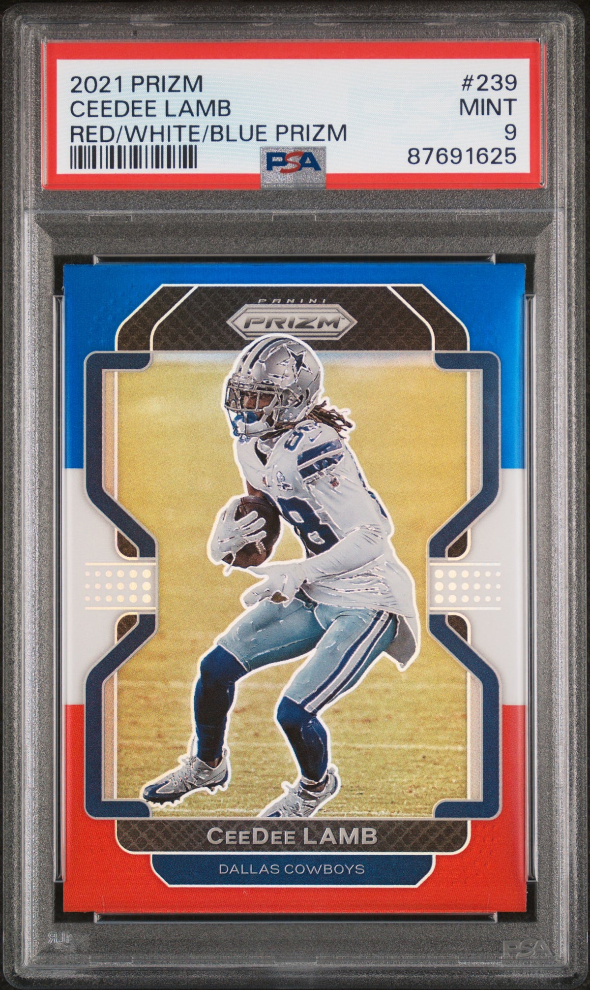 CeeDee Lamb 2021 Panini Prizm Red White Blue Football Card #239 Graded PSA 9-Powers Sports Memorabilia