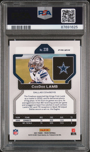 CeeDee Lamb 2021 Panini Prizm Red White Blue Football Card #239 Graded PSA 9-Powers Sports Memorabilia