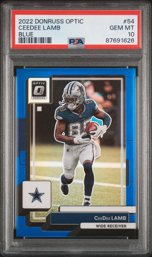 CeeDee Lamb 2022 Panini Donruss Optic Blue Card #54 Graded PSA 10 102/179-Powers Sports Memorabilia