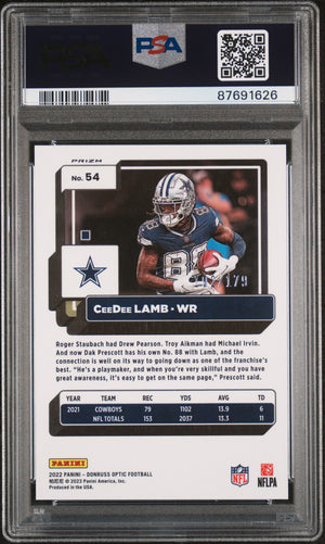 CeeDee Lamb 2022 Panini Donruss Optic Blue Card #54 Graded PSA 10 102/179-Powers Sports Memorabilia