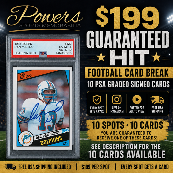 graded sports cards & memorabilia $199 Guaranteed Hit Football Card Break - 10 PSA Signed Winged beast designed with a plexiglass Opening $1500 of Pokemon Fulfillment Type:Booster Bundle Case (x25)