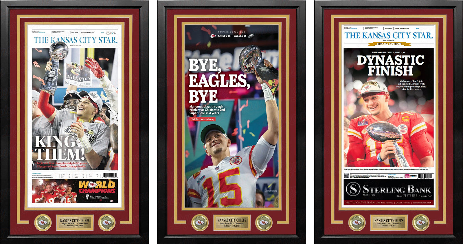 Patrick Mahomes Kansas City Chiefs Super Bowl Champions Framed Newspapers (3 Super Bowls)-Powers Sports Memorabilia