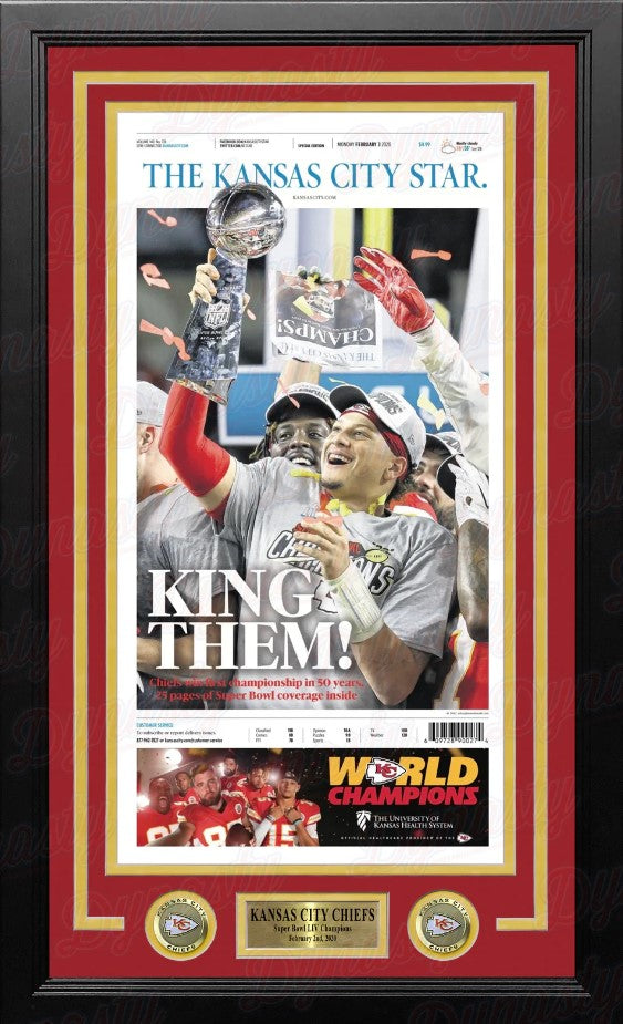 Patrick Mahomes Kansas City Chiefs Super Bowl Champions Framed Newspapers (3 Super Bowls)-Powers Sports Memorabilia