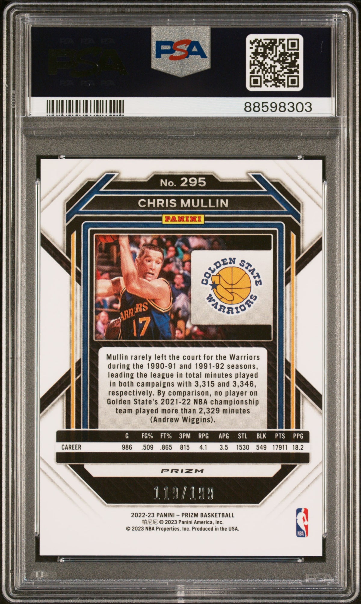 Chris Mullin 2022 Panini Prizm Blue Basketball Card #295 Graded PSA 9 119/199-Powers Sports Memorabilia