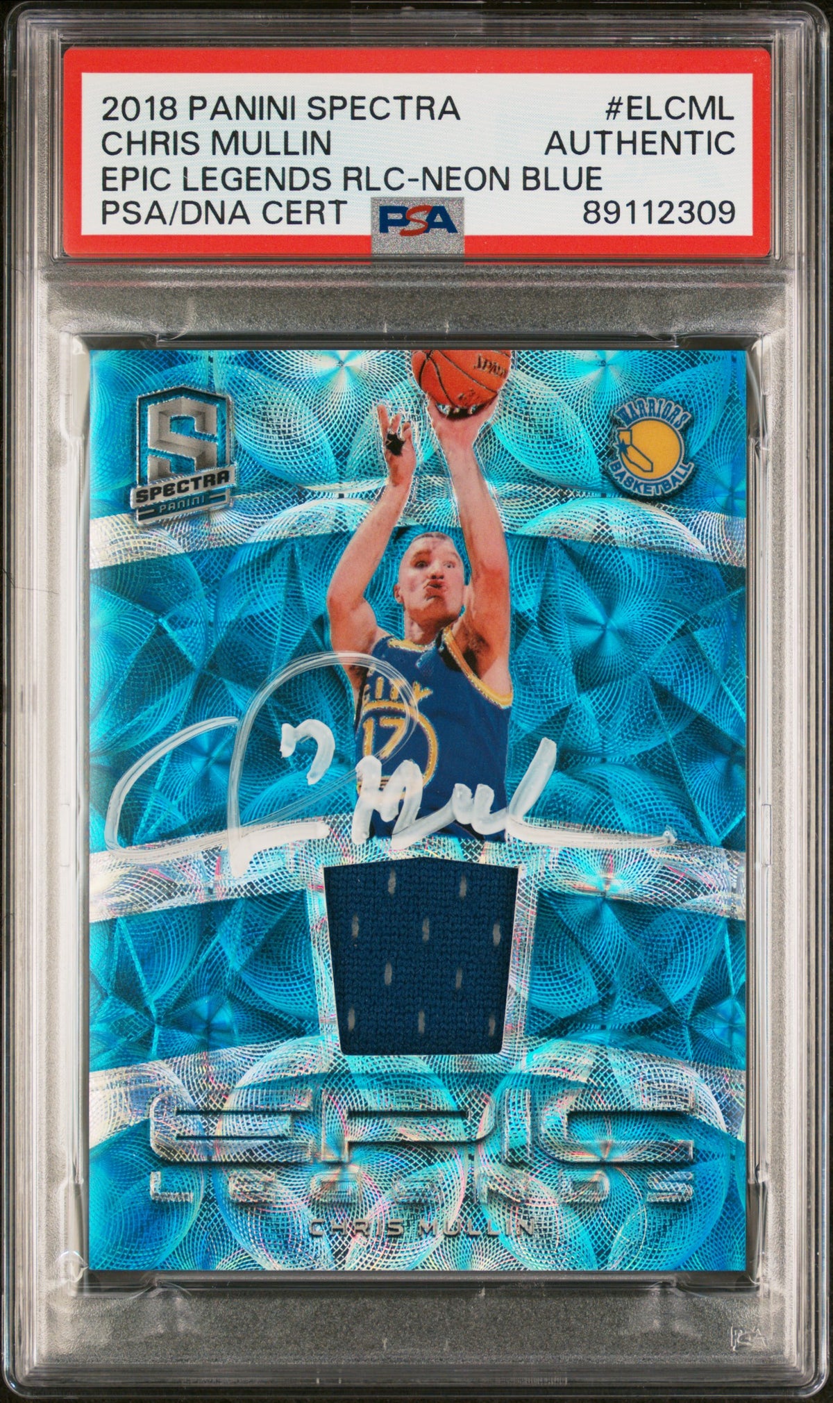 Chris Mullin 2018 Panini Spectra Neon Blue Game Used Patch Card Auto PSA 27/49-Powers Sports Memorabilia