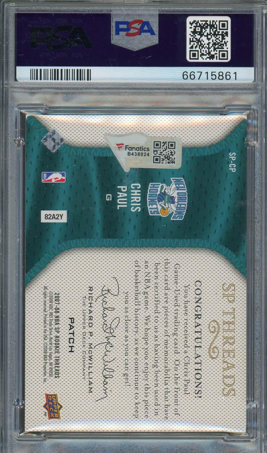 Chris Paul Auto 2007 SP Threads Game Used Jersey Patch Signed Card #SP-CP PSA 10-Powers Sports Memorabilia