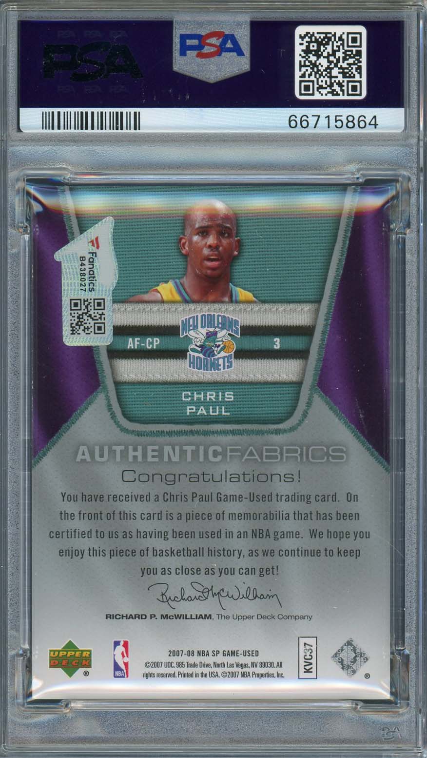 Chris Paul Auto 2007 Upper Deck SP Game Used Jersey Patch Card #AF-CP PSA 10-Powers Sports Memorabilia