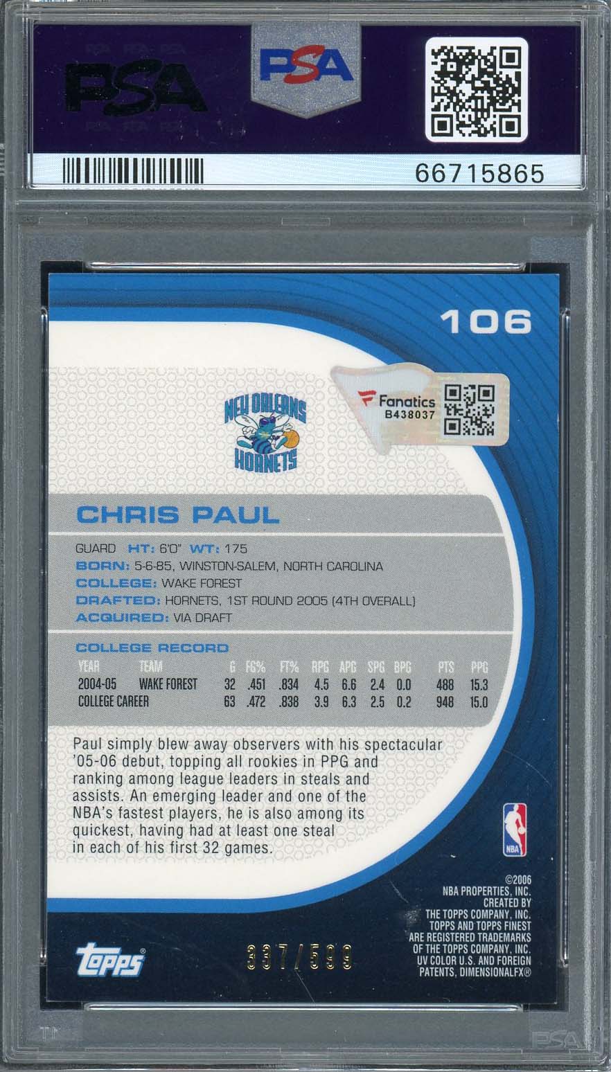 Chris Paul Autographed 2005 Topps Finest Signed Rookie Card RC #106 Auto PSA 10-Powers Sports Memorabilia