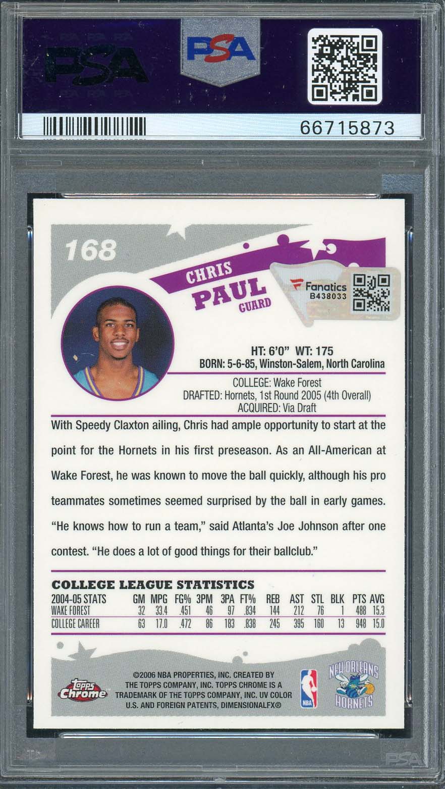 Chris Paul Autographed 2005 Topps Chrome Signed Rookie Card #168 PSA 9 66715873-Powers Sports Memorabilia