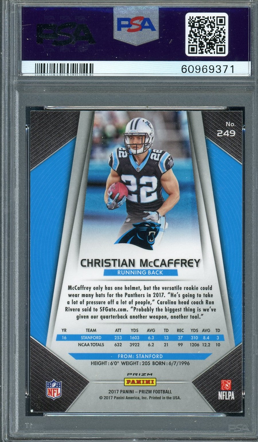 Christian McCaffrey 2017 Panini Silver Prizm Rookie Card #249 Graded PSA 8-Powers Sports Memorabilia