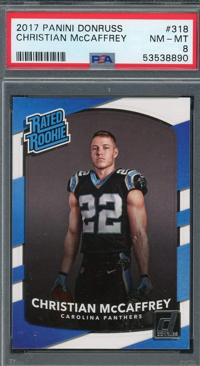 Christian McCaffrey 2017 Panini Donruss Football Rookie Card #318 Graded PSA 8-Powers Sports Memorabilia