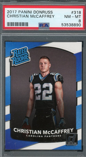 Christian McCaffrey 2017 Panini Donruss Football Rookie Card #318 Graded PSA 8-Powers Sports Memorabilia